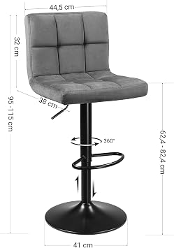 SONGMICS 2Li Set Velvet Bar Stools, Height Adjustable Swivel Stools, Kitchen Chairs, Backrest and Stand, Metal Dark Gray Ljb014G01