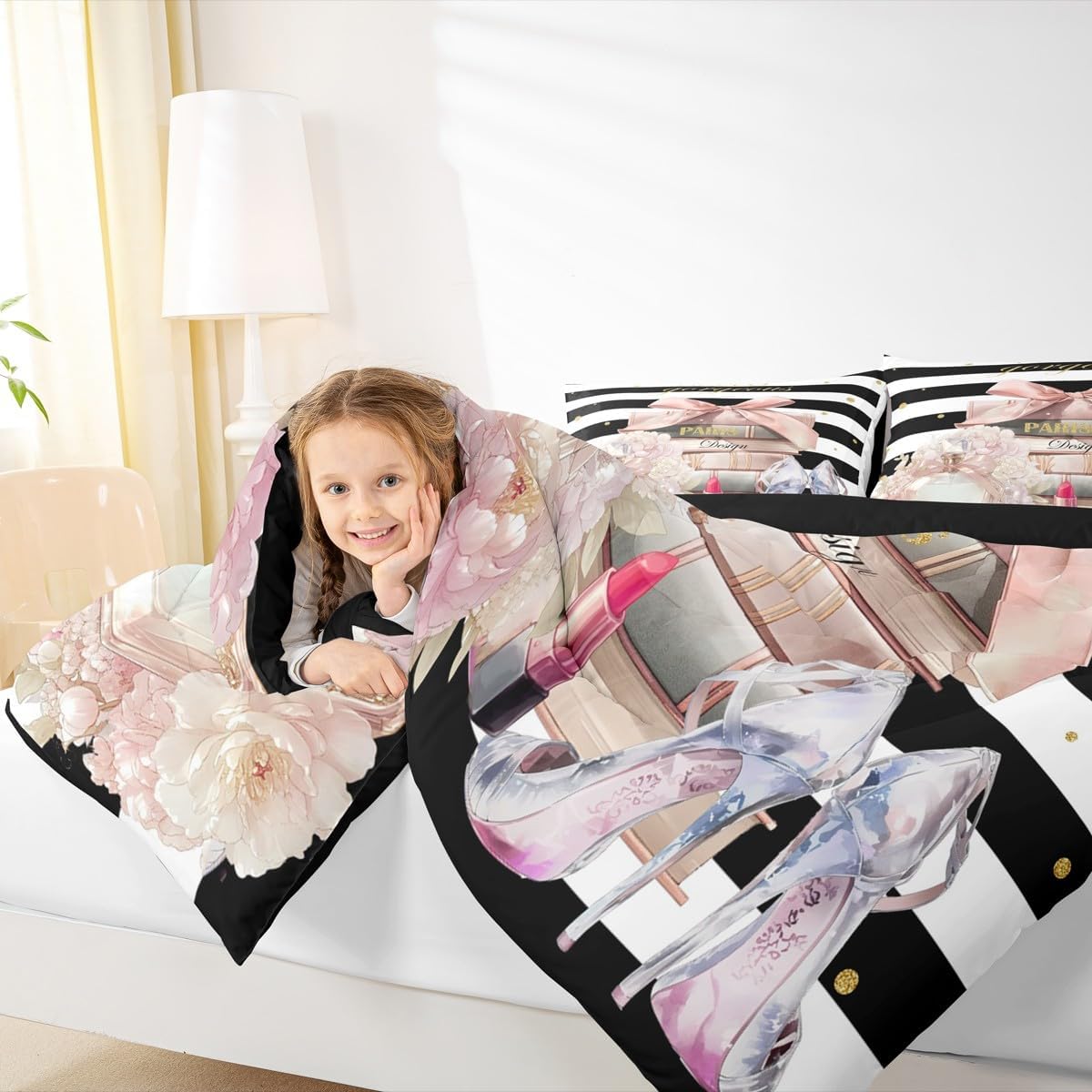 jejeloiu Pink Fashion Comforter Set Full Size Kids Black White Striped Bedding Set Boys Girls Teens Floral Duvet Breathable Perfume High Heels Books Quilt Bedroom Decor,1 Comforter with 2 Pillowcase