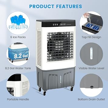 Zynkez Portable Evaporative Air Cooler, 2800 CFM Swamp Cooler for Dry Climates, Windowless Cooling Fan with 8.2 Gal Tank & 4 Ice Packs, 120 Oscillation, 3 Speeds, Air Cooler for Room, Bedroom, Garage