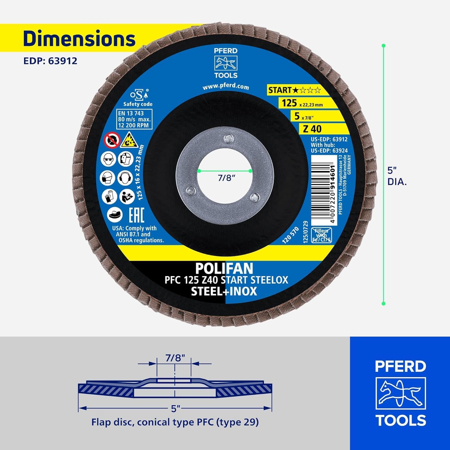 PFERD Z Start STEELOX Type 29 Conical Flap Disc, 5" Diameter, 7/8" Arbor, 40 Grit, Zirconia – Use on Steel & Stainless Steel (Pack of 10) - Part 63912
