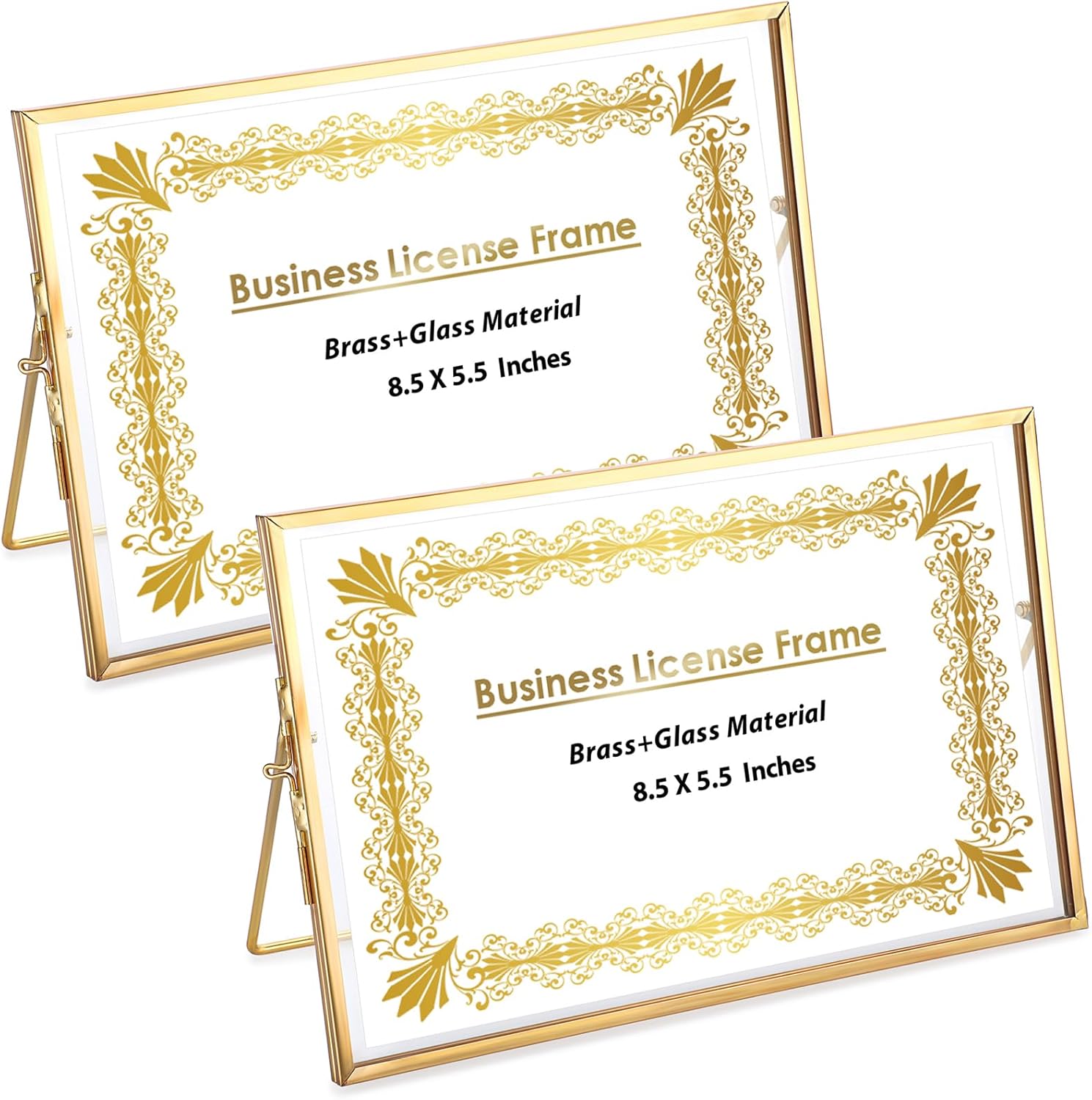 JUXYES 2 Pack Tabletop Business License Frame Brass License Certificate Display Frame, Double Glass Floating Diploma Frames, Desktop Golden Graduation Frames for 5.5x8.5 Certificate Business Licenses