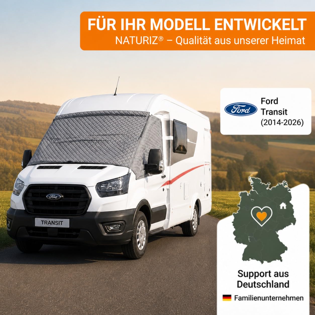NATURIZ® Frontscheibenabdeckung Ford Transit – Premium Scheibenabdeckung - Thermomatte außen +Sonnenschutz für Wohnmobile – Winterabdeckung Wohnmobil und Kastenwagen, 2015-2026, MK8 & MK9