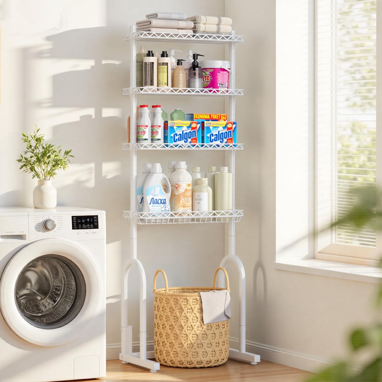 eagmak over the toilet storage rack, 4-tier bathroom organizer with adjustable shelves & basket, rust-resistant metal over toilet shelf for small bathroom space saving, white white casual