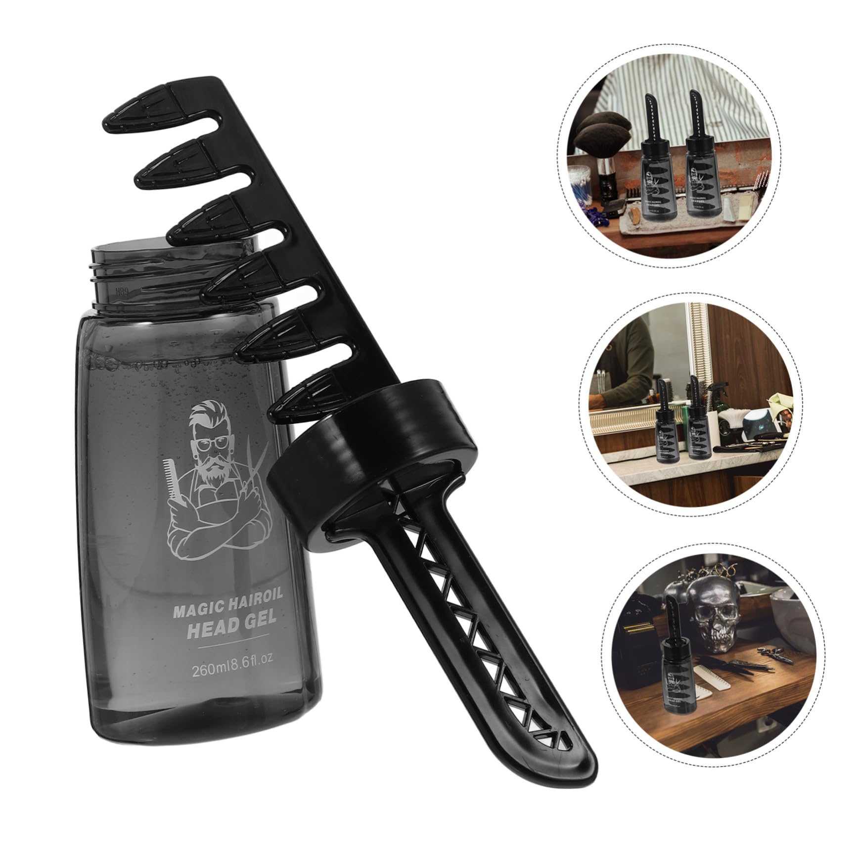 Botella Vacía de Gel para Peinar 260ml Plástica Negra con Peine | Pack de 3 Unidades, Rellenable y Portátil, para Peluqueros y Estilistas, Dosificador Práctico