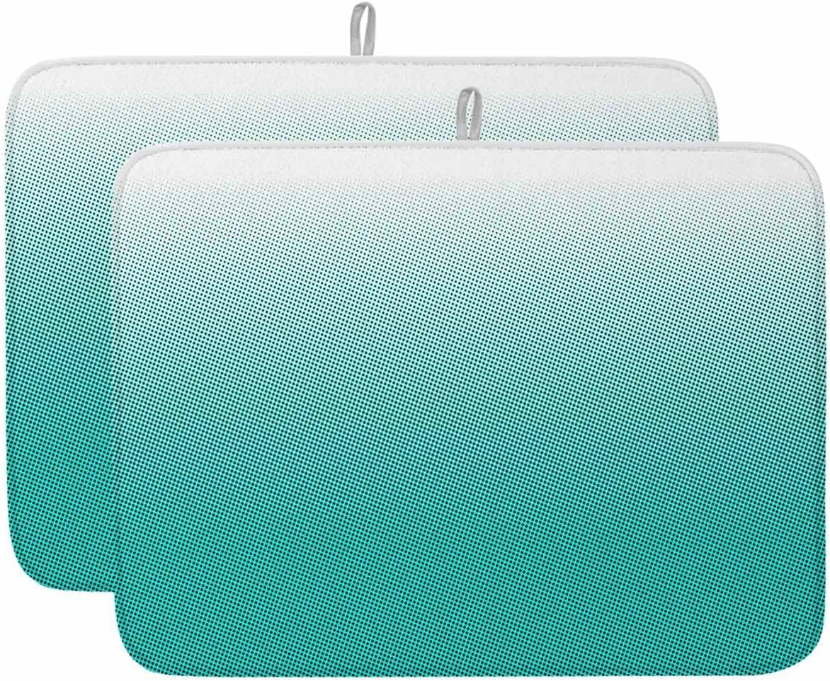 Dish Drying Mat for Kitchen Counter Solid Gradient Polka Dot Turquoise Highly Absorbent Dish Drainer 18 x 24 Inches Dish Drying Pad for Kitchen Counter, Sink, Draining Racks 2PCS