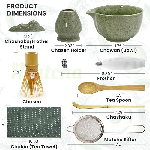 Miniatura 5 de Juego de batidores de matcha, incluye cuenco de cerámica con boquilla, batidor (Chasen), soporte, cuchara de bambú, tamiz, espumador eléctrico