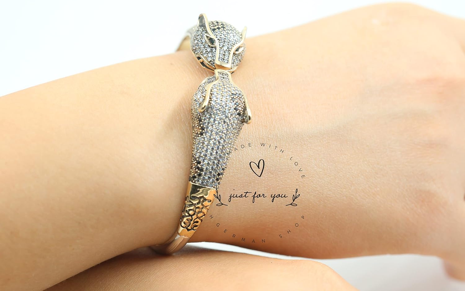 Jaguar Panther Leopard Cubic Zircon Bracelet, Sterling Silver Bracelet, Gift for Her, Leopard Bracelet, Cheetah Bracelet, Cat Bracelet,Tiger, Inspired Cheetah Big Cat Animal Bracelet, Free Size