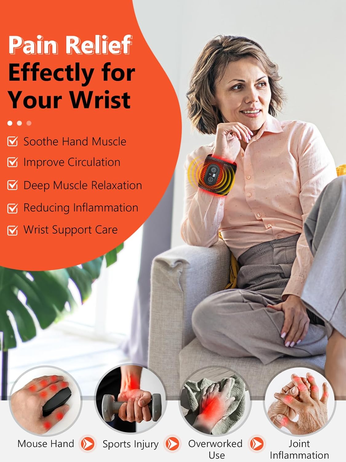 Woman using wrist wrap with text indicating pain relief for wrist, soothing hand muscle, improving circulation, deep muscle relaxation, reducing inflammation, and wrist support care