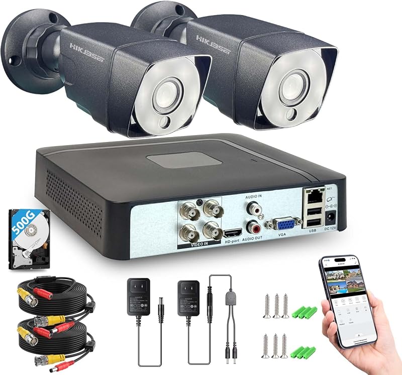 4CH 1080P Wired Security Camera System, CCTV DVR w/500GB HDD, 2 x Home Surveillance IP66 Waterproof Metal Security Cameras with Motion Detection, Remote Access, 24-7 Video Recording