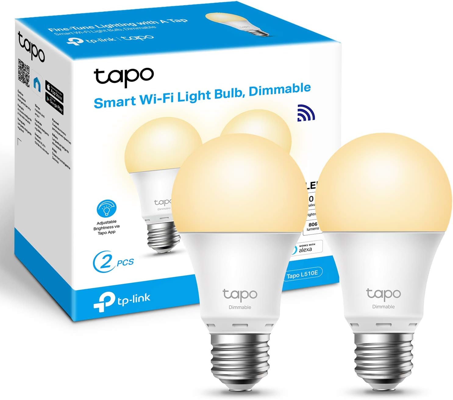 TP-Link Smart Bulb, Smart Wi-Fi LED Light, E27, 8.7W, Energy saving, Works with Amazon Alexa and Google Home, Dimmable Soft Warm White, No Hub Required - L510E(2-pack)[Energy Class F]