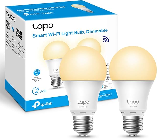 TP-Link Tapo Smart Bulb, Smart Wi-Fi LED Light, E27, 8.7W, Energy saving, Works with Amazon Alexa and Google Home, Dimmable Soft Warm White, No Hub Required - Tapo L510E(2-pack)[Energy Class F]