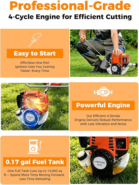 NEO-TEC 35cc 4-Cycle Gas String Trimmer 4-in-1 Heavy Duty Gas Weed Eater, 1.5HP Weed Wacker 9Brush Cutter Powerful 16Grass Trimmer with Shoulder Strap,Lightweight Stable Weed Trimmer for Tough Yards