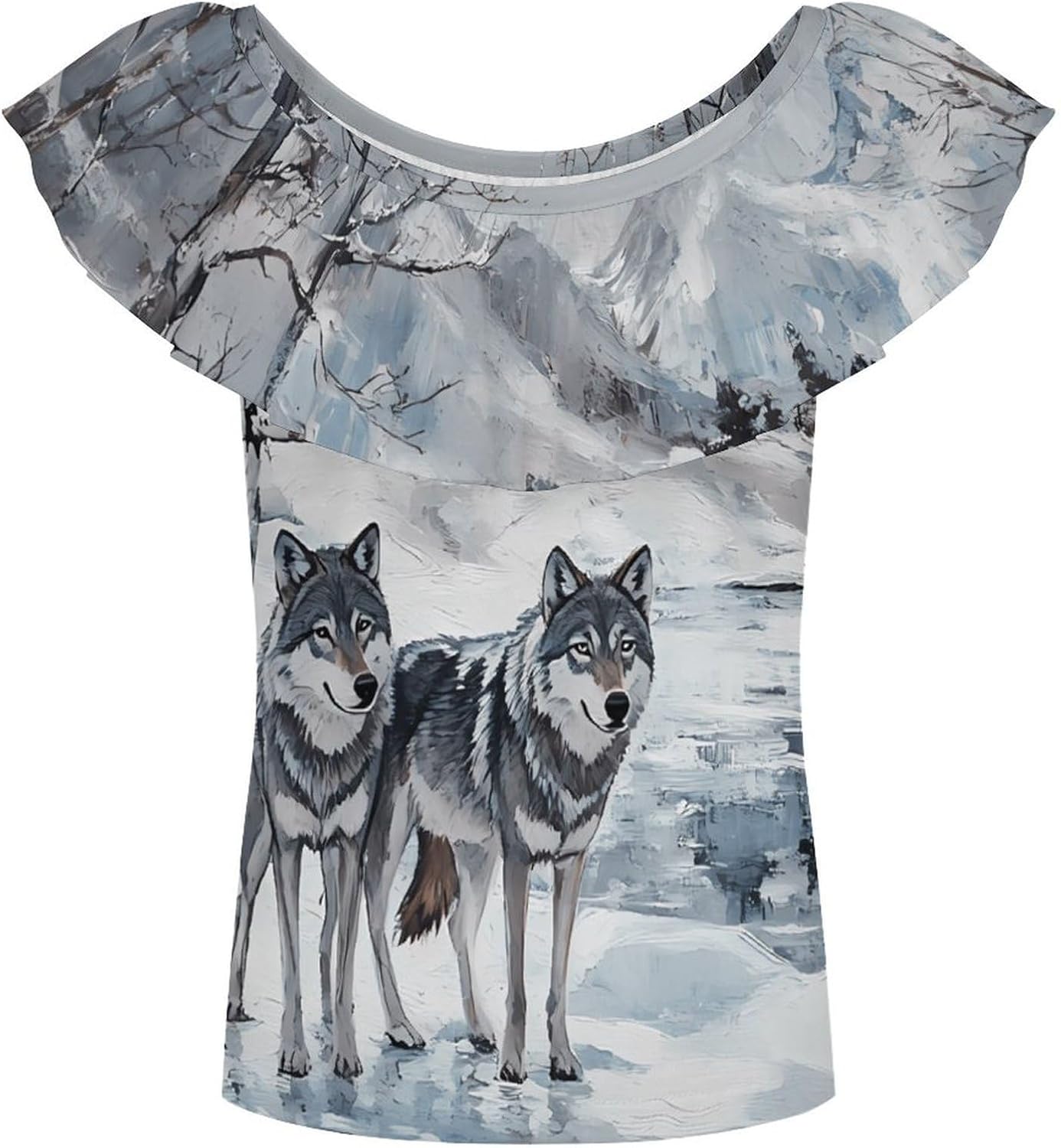 Wolf Wolves By The Stream Girls T-Shirts Top Ruffle Short Sleeve Blouse Casual Graphic Tees