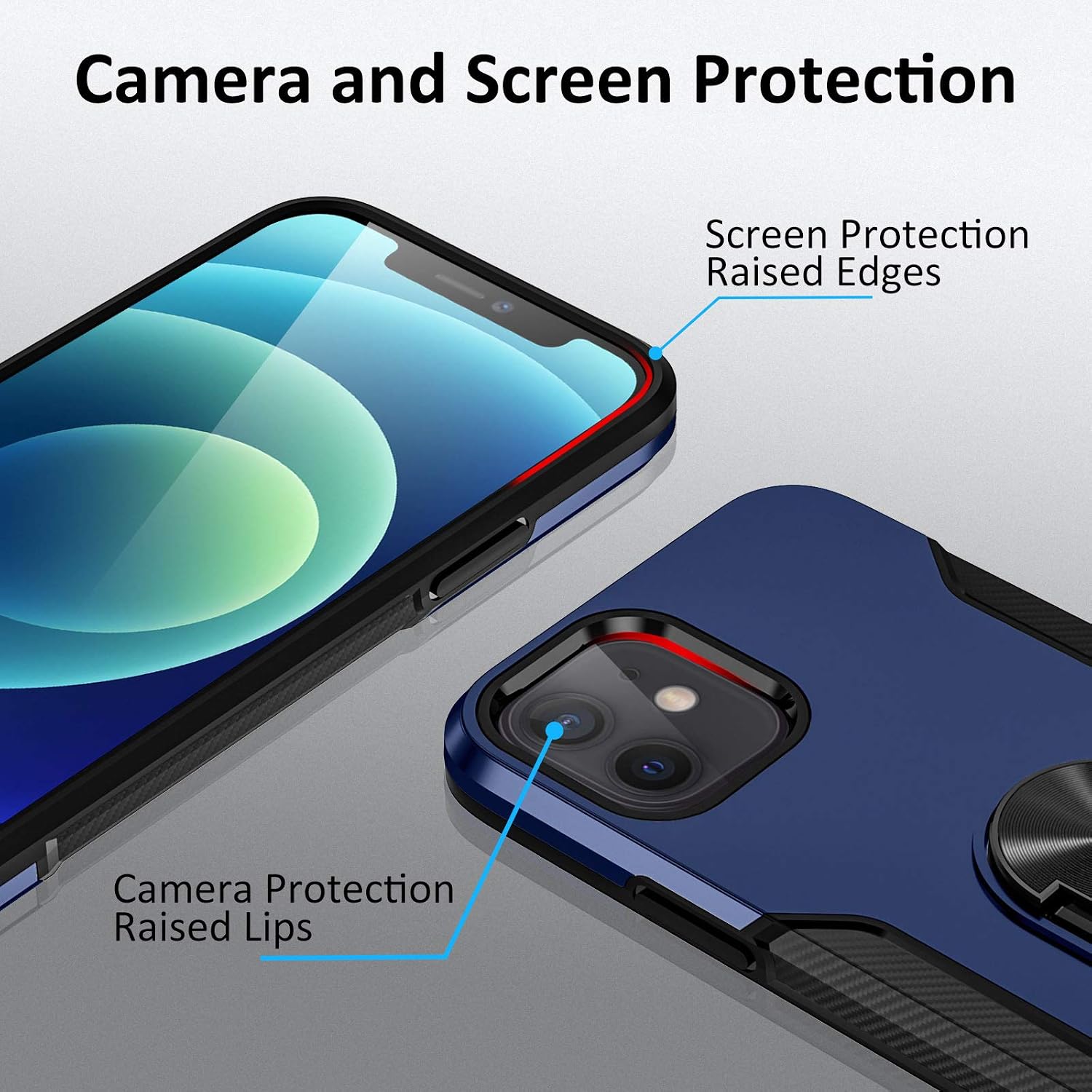 Charlam Compatible with iPhone 12 case 6.1", Compatible with 12 Pro Case for Women Men, Military Grade Protection Shock Resistant Heavy Duty Dual Layer Protection Phone Case with Ring Kickstand, Blue
