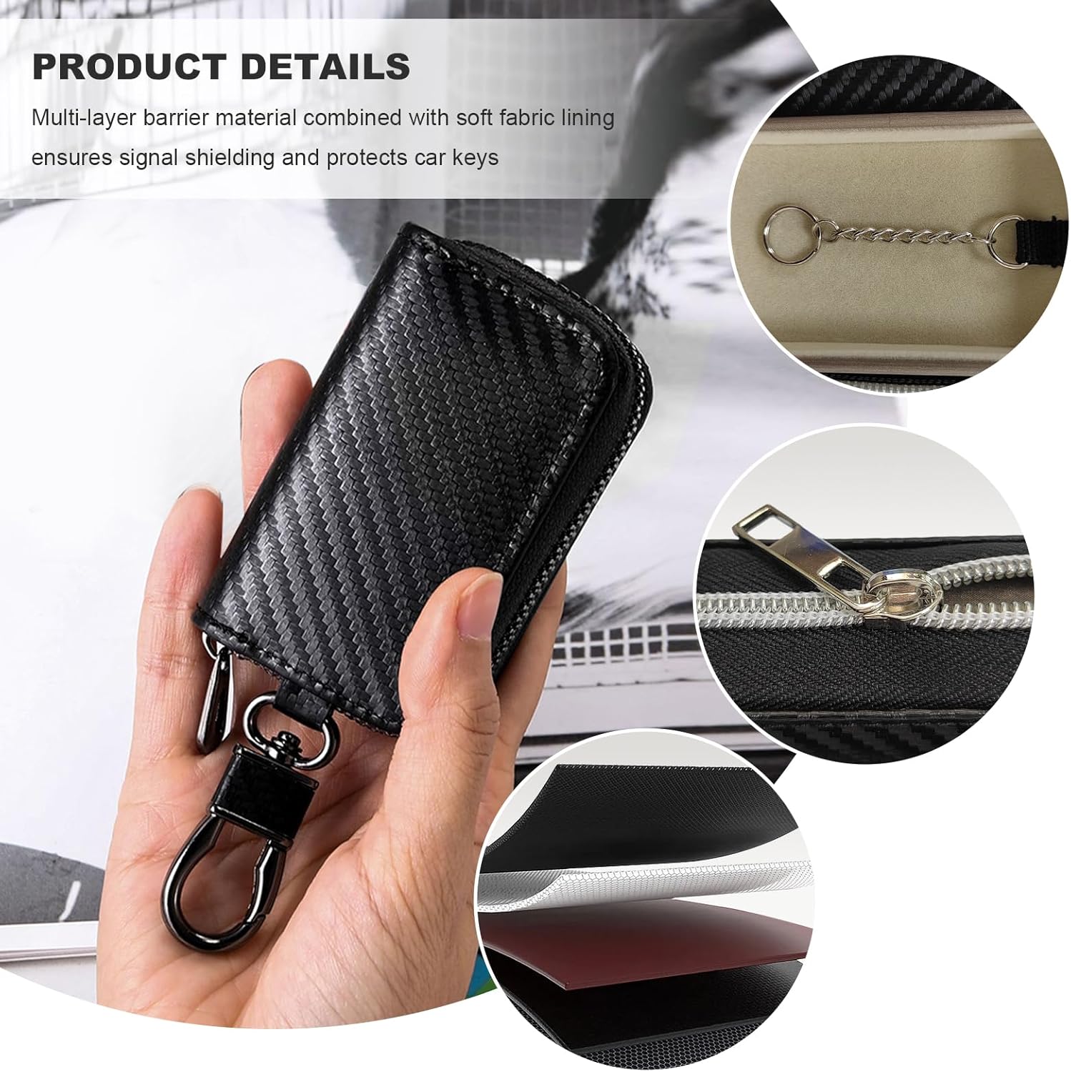 Sun Walker Faraday Bag for Car Keys, Anti-Theft Carbon Fiber Key Fob Protector Box with Zipper, Portable RFID Signal Blocking Bag Key Fob Holder for Men Women, Car Accessories