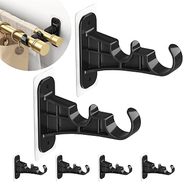 No Drill Double Curtain Rod Brackets, 6-Pack Black Self Adhesive Curtain Rod Holders Nail-Free, Double Rods Hooks Hanger Supports 1 to 1.2 Drapery Rods for Living Room Bedroom