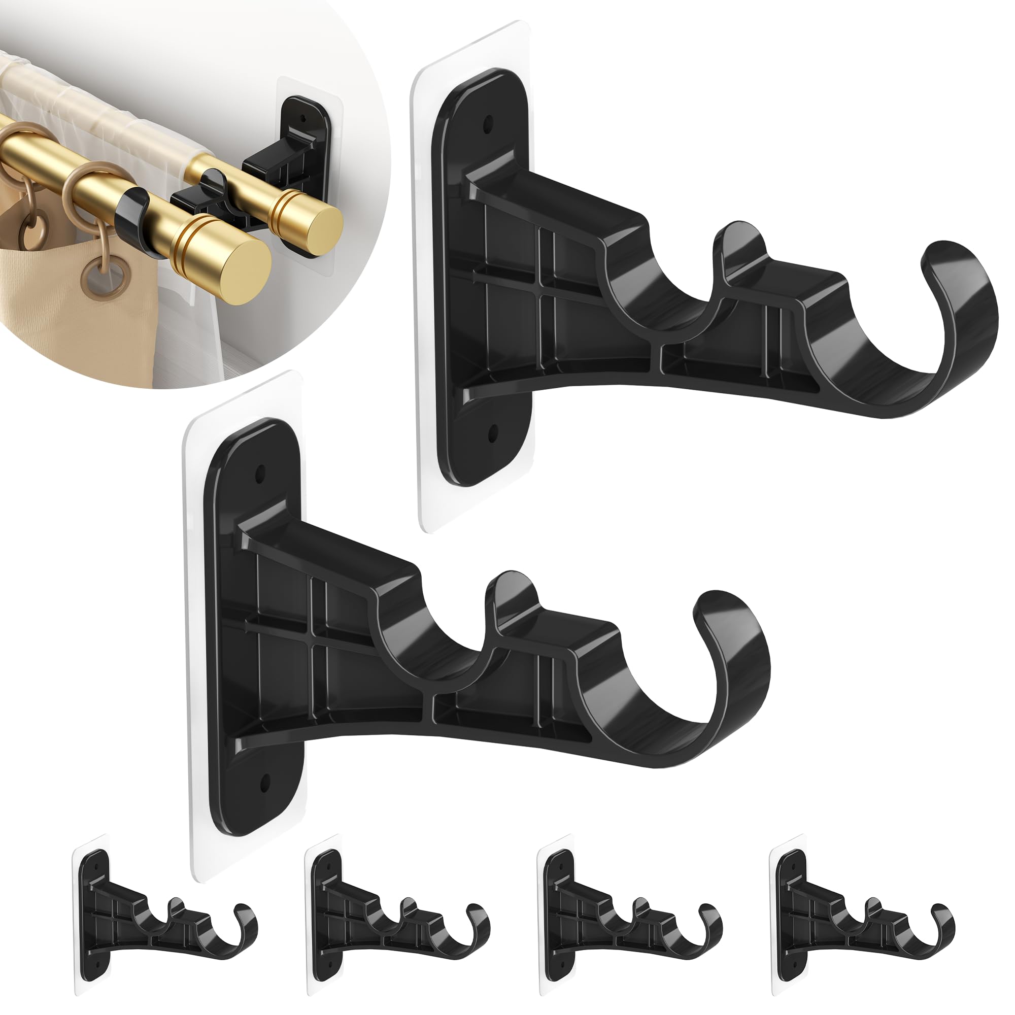 MUAKIOY No Drill Double Curtain Rod Brackets, 6-Pack Black Self Adhesive Curtain Rod Holders Nail-Free, Double Rods Hooks Hanger Supports 1 to 1.2'' Drapery Rods for Living Room Bedroom