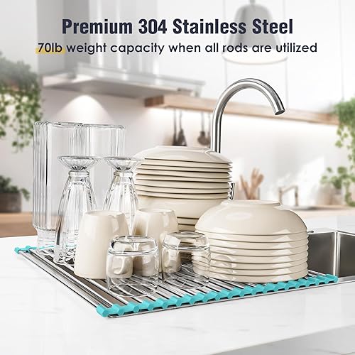 Miniatura 5 de Tomorotec Escurridor de platos enrollable de 17.7 x 15.5 pulgadas, para colocar sobre el fregadero, para fregadero de cocina, accesorios multiusos,