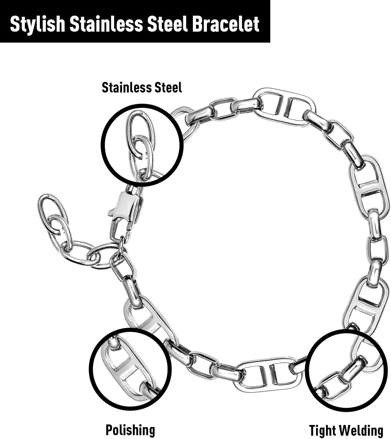 Stainless Steel Link Bracelets for Men&Women,Valentines Birthday Annivesary Christmas Jewelry Gifts for Lover Father Mother Friends,Casual Trendy Beaded Bracelets Cool Adjustable Size - Image 3