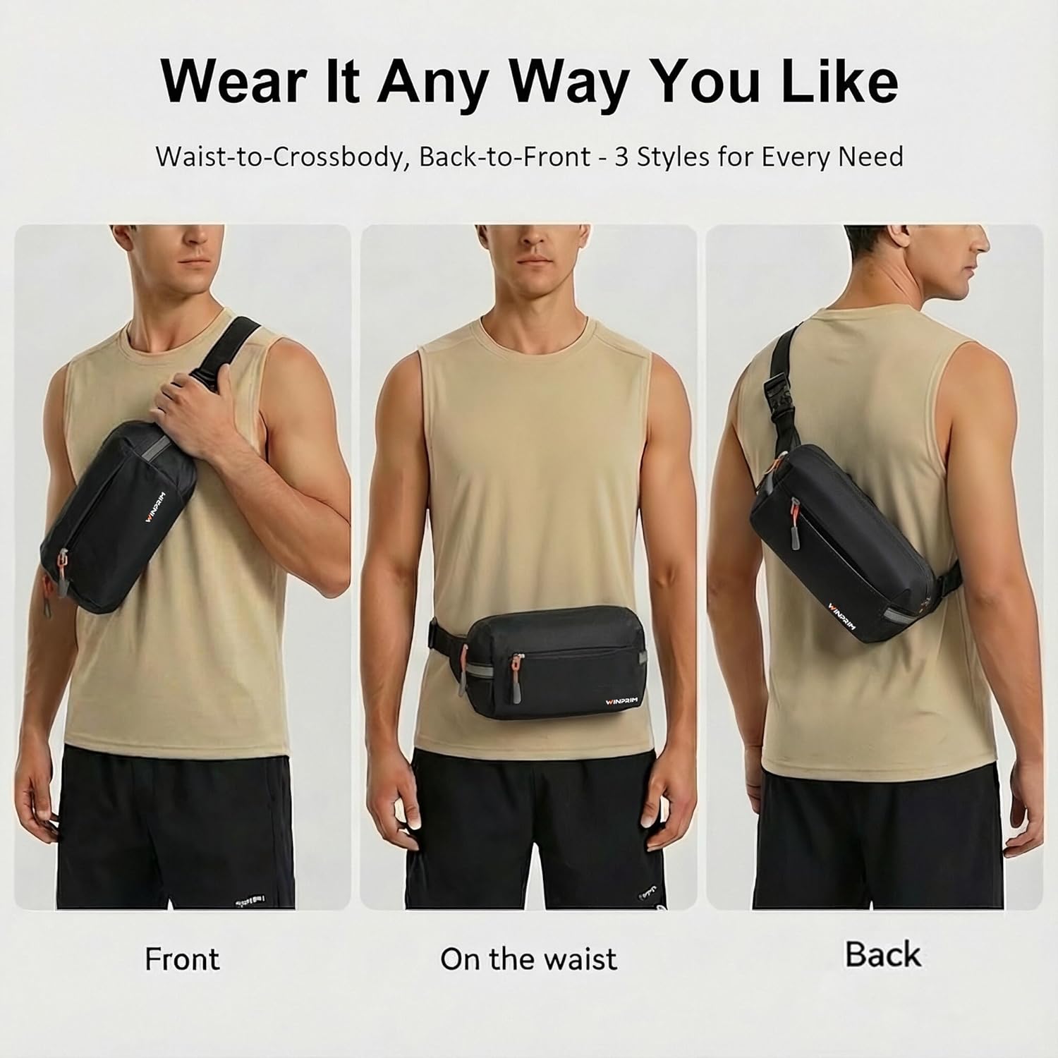 Fanny Pack for Men Women 2L Lightweight Waist Belt Hip Bag Slim Crossbody Sling Bag Adjustable Water Resistant Bum Belt Pouch for Travel Running Shopping Hiking Cycling Climbing EDC BLACK - Image 2