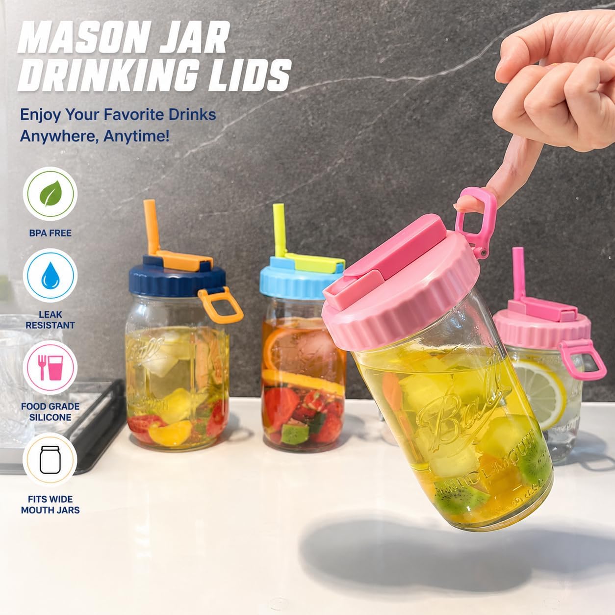 ORIGINAL CREATOR - DIPESI 4 Pack Wide Mouth Mason Jar Drinking Lids, Leak-Proof Covers for Drinking or Storage, Mason Jar Lids with Straw Fits Mason Jars