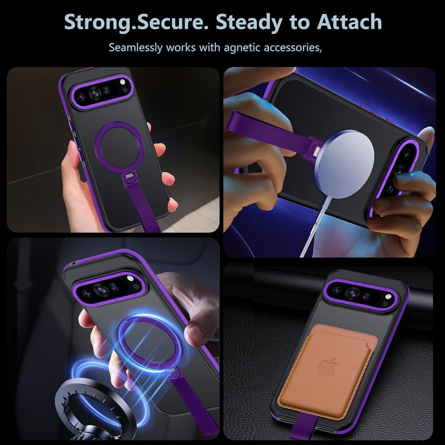 360°Spin Magnetic Stand with Silicone Strap for Google Pixel 10 Pro XL Case [Fit for MagSafe], Mil-Grade Shockproof Translucent Pixel 10 Pro XL Phone Case with Ring Holder (Purple) 2