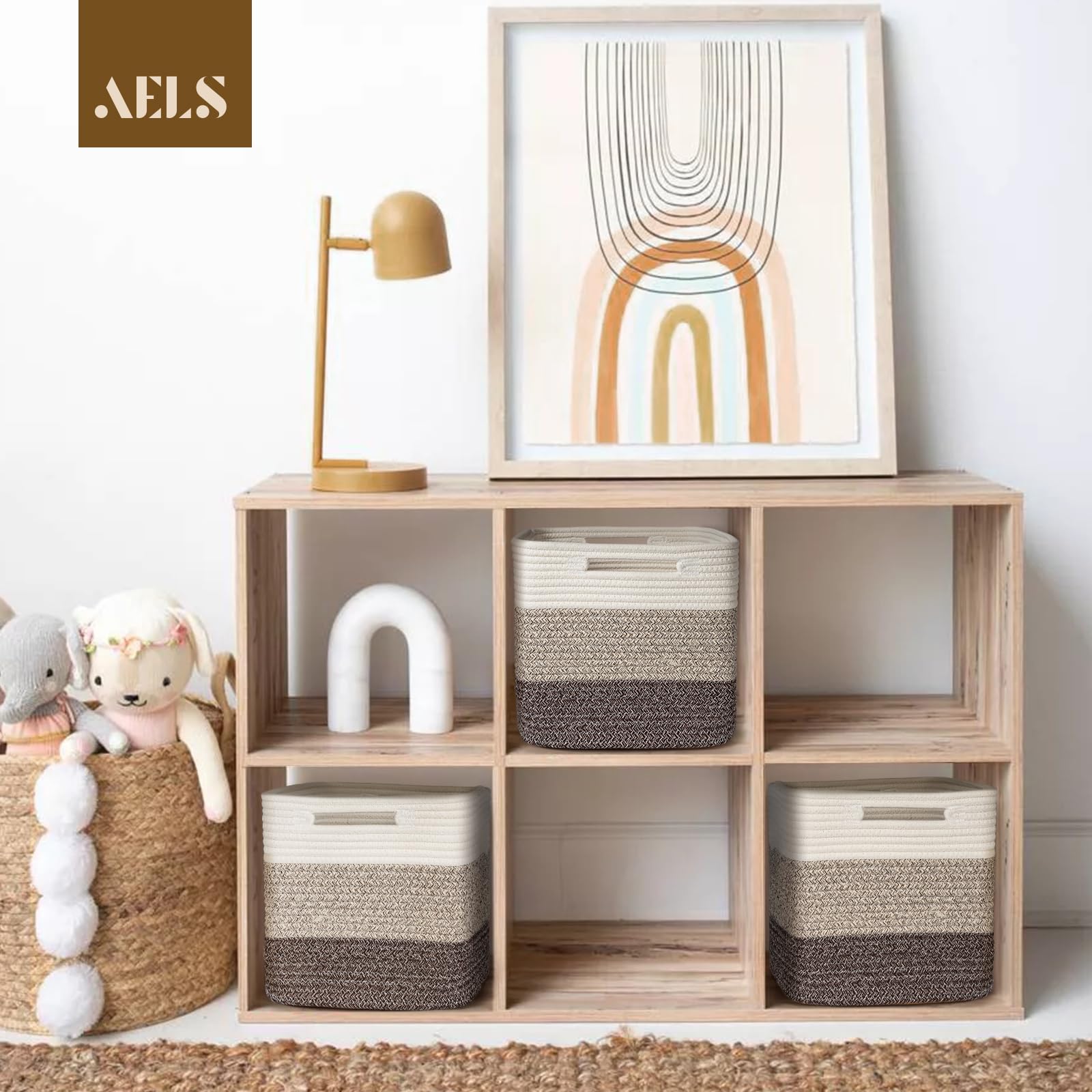 AELS Canastas de algodón tejidas a mano para almacenamiento, Cajas Organizadoras con asas, organizadores plegables y almacenamiento de armario, cubos de almacenamiento bohemios para estantes
