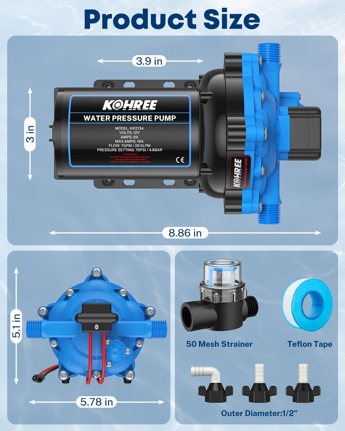2025 Upgraded Kohree RV Fresh Water Pump 7GPM 70PSI, 12V DC Water Pump, Self-Priming, Five Chamber Diaphragm Pump with Heavy Duty Pressure Switch and Strainer for RV, Marine, Yacht, Caravan