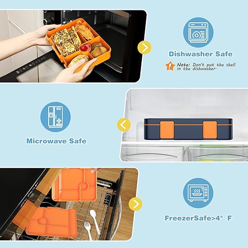 Miniatura 6 de Bevalsa Lonchera Bento para niños con 6 compartimentos, botella de agua de metal de acero inoxidable, bolsa aislada y utensilios, contenedor de