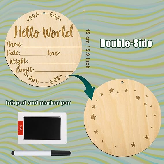 Baby Announcement Sign, 5.9 Inch Round Birth Nursery Name Signs with Ink Pad for Baby Hand and Footprints Wooden Hello World Newborn Sign for Photo Prop