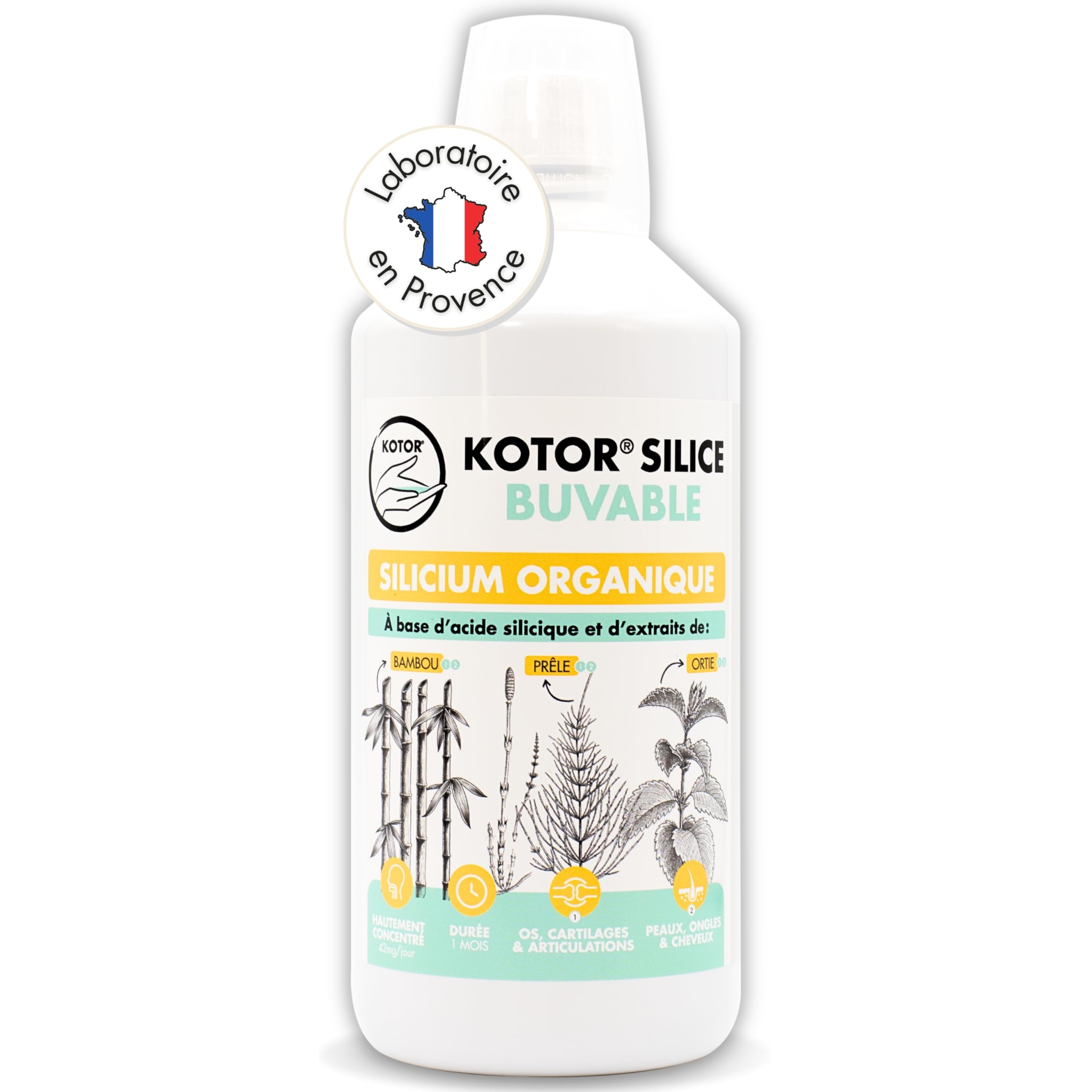 KOTOR SILICE BUVABLE 1L | Silicium Organique Francais & Naturel | Fortement Dosé | Santé des Articulations, Cartilages, Os, Peau, Cheveux, Ongles | Silicium + Ortie + Prêle + Bambou | 1 mois