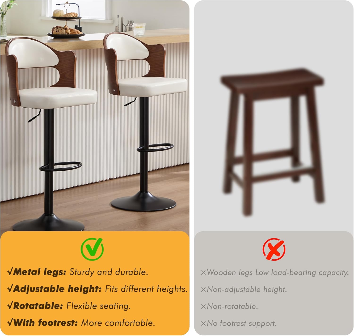 Bar Stools Set of 2, 360° Swivel Barstools with Solid Wood Back and Footrest, Leather Adjustable Counter Height Chairs for Kitchen, Bar, Dining Room (White)