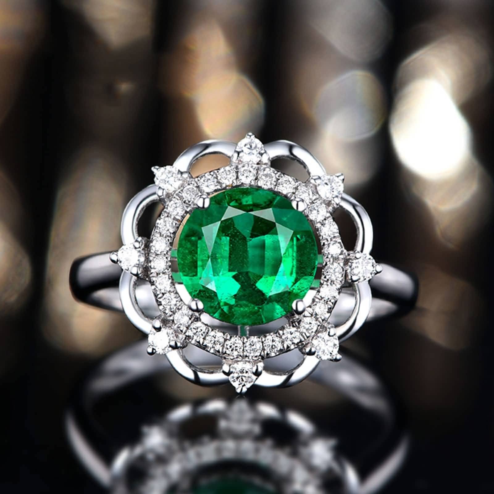 Anillos de boda para mujer, oro de 18 quilates/plata de ley 925, flor hueca con corte redondo de 1,4 quilates creado en laboratorio, anillo de compromiso de esmeralda, esmeralda sintética Cubic Zirconia