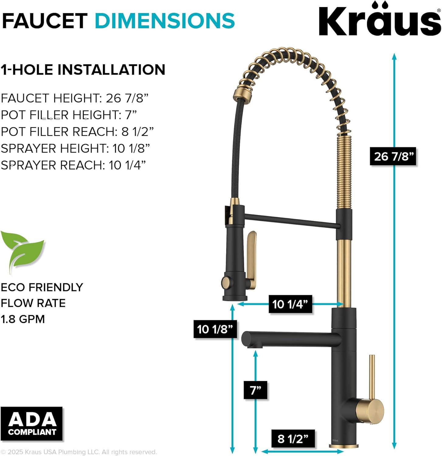 KRAUS Artec Pro Commercial Style 2-Function Single Handle Pull Down Kitchen Faucet with Pot Filler in Spot-Free Brushed Brass/Matte Black, KPF-1605BBMB