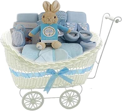 Pram Gift Hamper Basket, New Born Baby Boy/Girl Gift Storage Hamper Baby Shower Party Decoration New Mum to Be Gifts Empty Basket Toy Clothes Baby Accessorise Christmas Birthday Present Blue