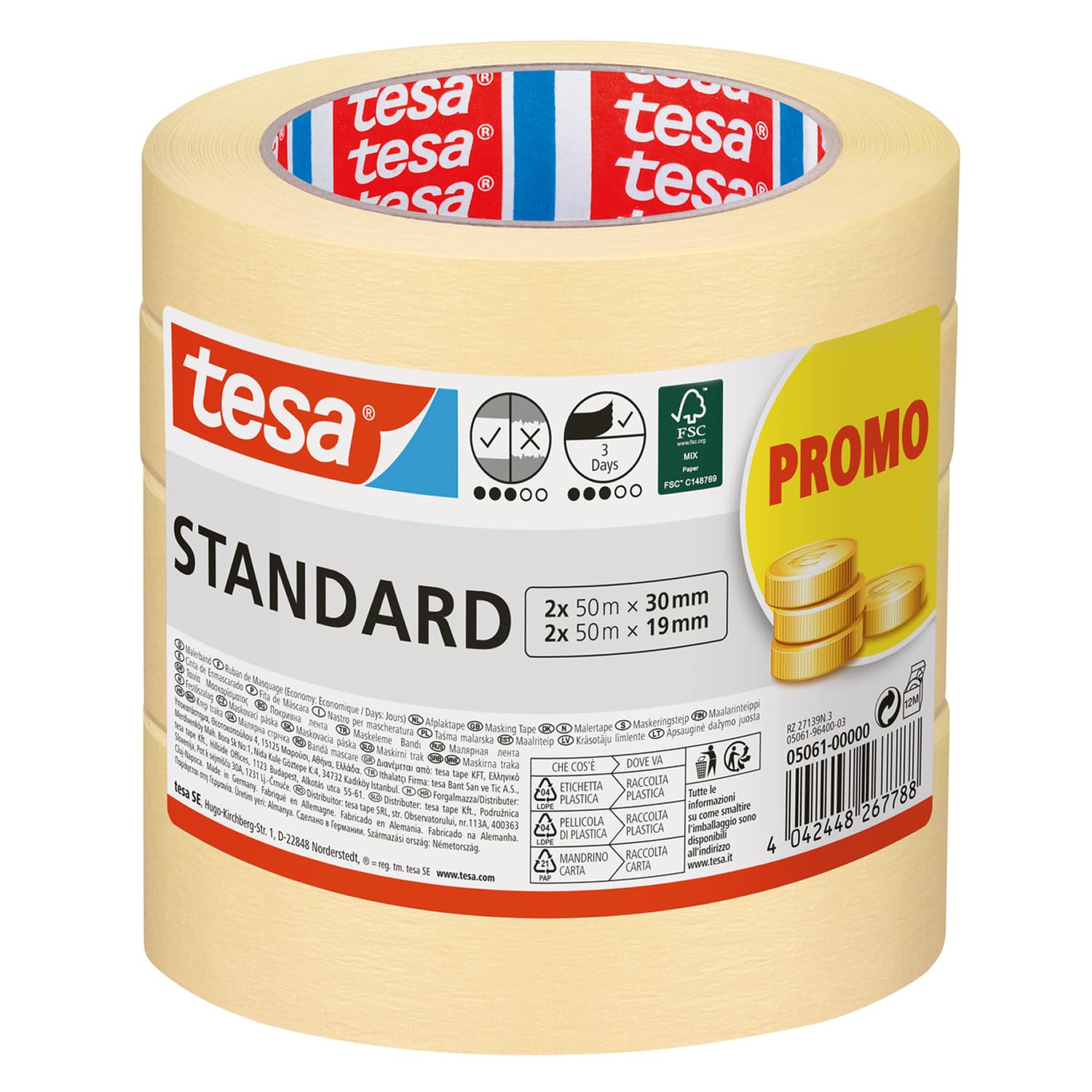 tesa 05061-00000-00 Masking Tape Standard 4 Rolls 2x50m 19mm + 2x50m 30mm