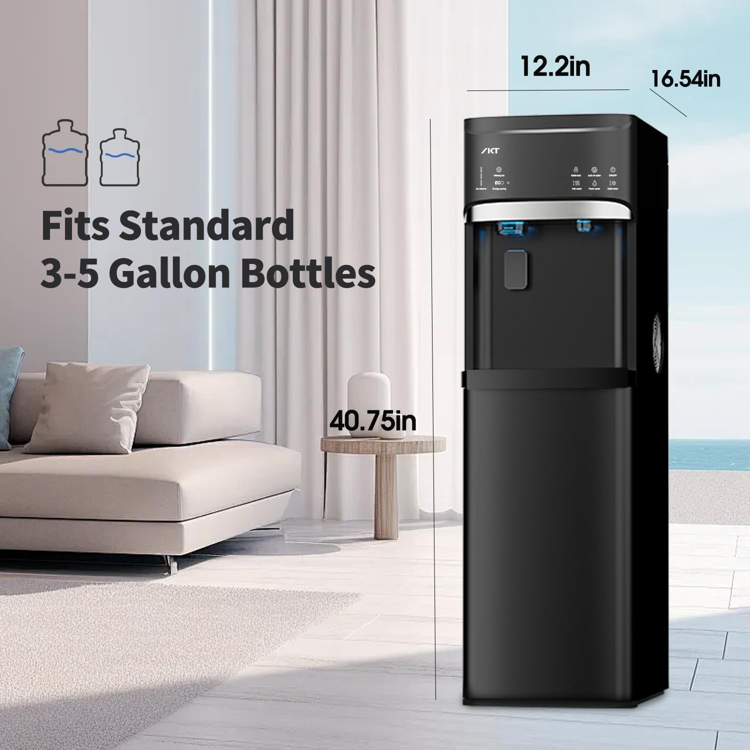 IKT Self-Clean Bottom Loading Hot and Cold Water Dispenser with Ice Maker Machine for 5 Gallon Bottle 22lbs Daily Capacity Ice Full Alert Black