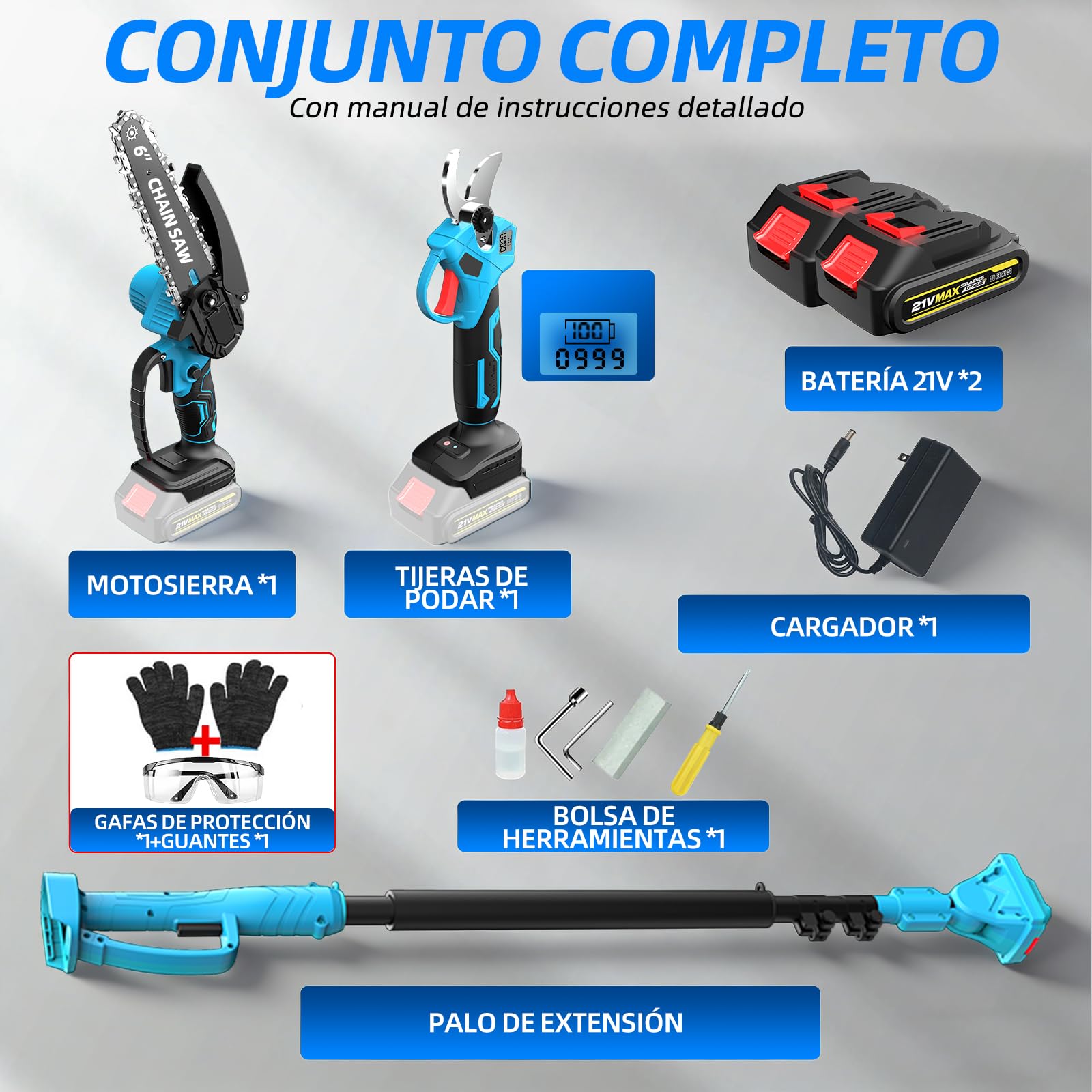 4 en 1 Podador de altura a batería Mini motosierra de 15 cm (6″) con telescópico (2,5 m) + Tijera eléctrica de 35 mm, incl. 2 baterías 21V – perfecto para cuidado de árboles y poda de ramas