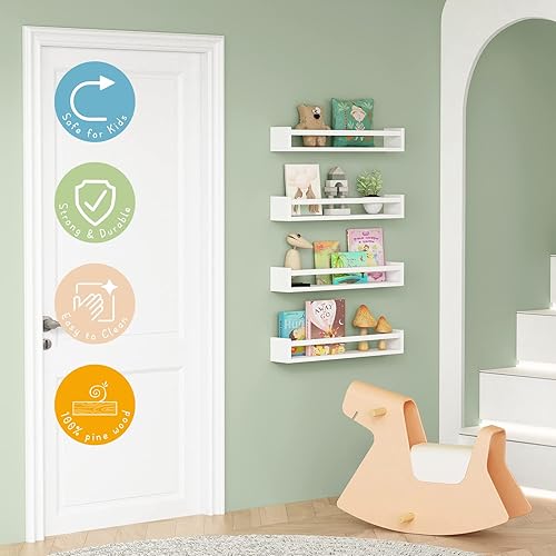 Miniatura 4 de Forbena Estantería de pared de 24 pulgadas para dormitorio de niños, juego de 4, estantes flotantes blancos para libros de bebé, niños y niñas, 1.