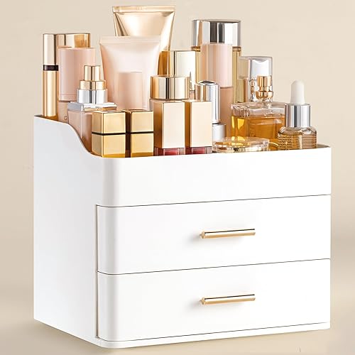 HBlife Organizador de maquillaje para tocador con 2 cajones, organizador grande de cosméticos para encimera de baño, almacenamiento para el cuidado