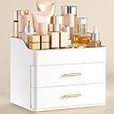 HBlife Makeup Organizer for Vanity with 2 Drawers, Large Bathroom Countertop Cosmetics Organizer Skin Care Storage, Easy to Store Lipsticks, Nail Polishes, Perfumes, Eyeshadow Palettes, All White