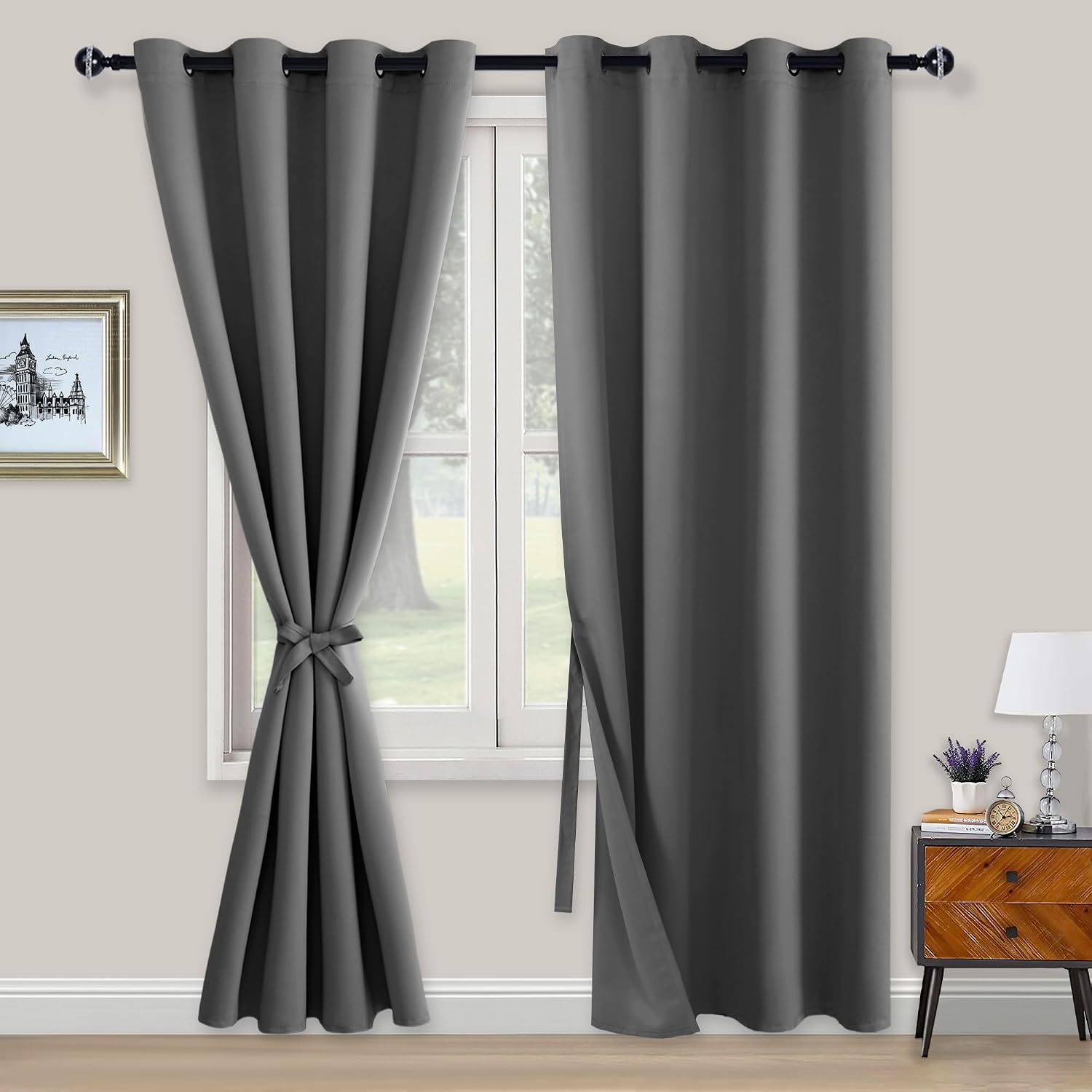 XWZO Opaque Blackout Curtains with Eyelets 2 Pieces Curtains with Tie Backs Opaque Curtains for Bedroom Living Room Office 214 x 132 cm Grey