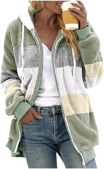 Fuzzy Fleece Jackets for Women Plus Size Hoodies Fall Winter Coats Color Block Patchwork Cardigan Coat with Pockets