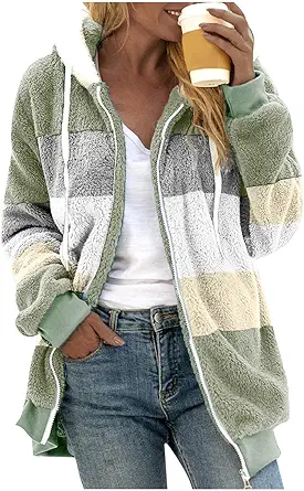 Fuzzy Fleece Jackets for Women Plus Size Hoodies Fall Winter Coats Color Block Patchwork Cardigan Coat with Pockets