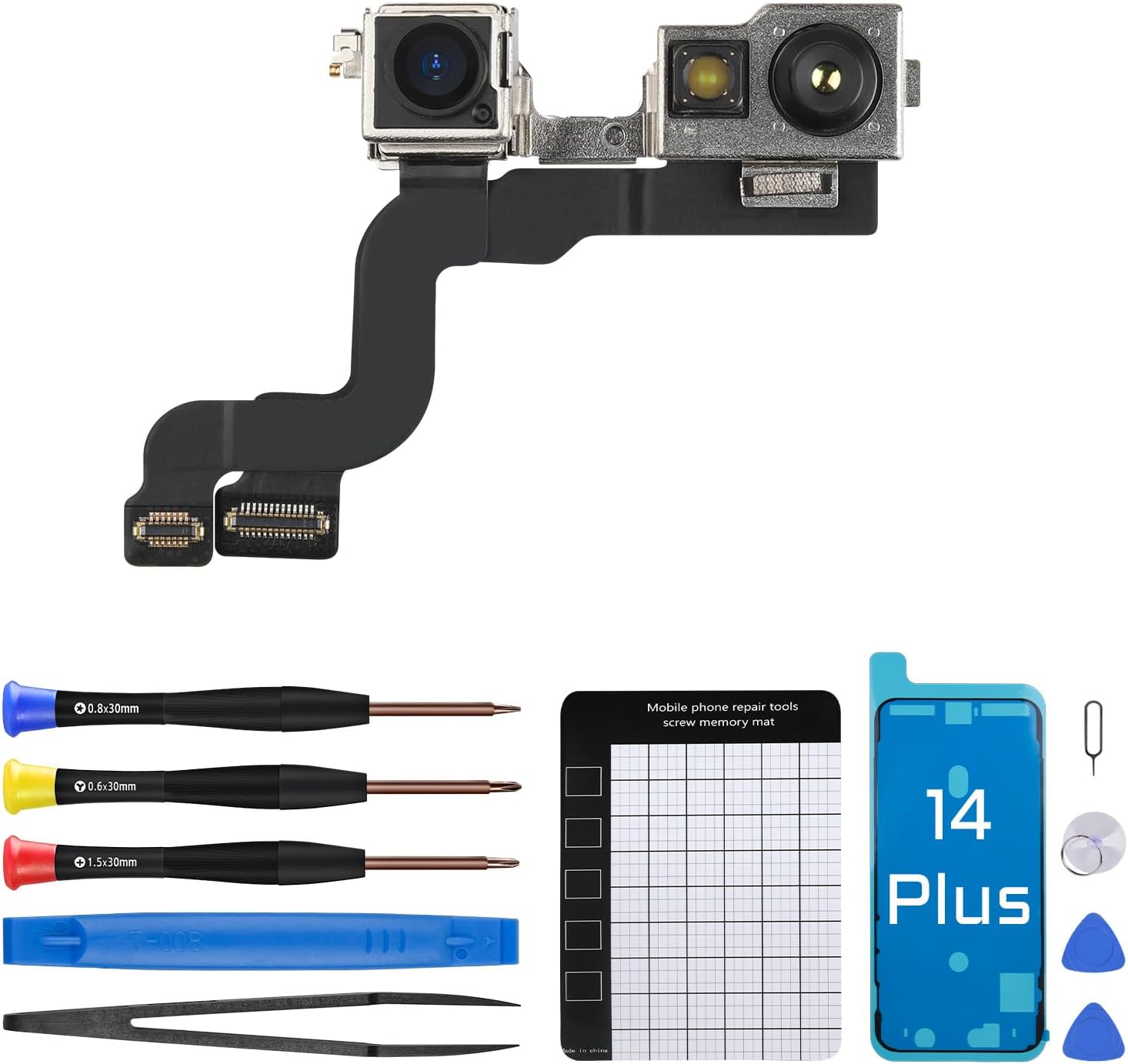 for iPhone 14 Plus Front Facing Camera Replacement Selfie Camera 14plus OEM 12MP Front Camera Flex Cable Module Light Receiver Repair with Fix Tools Kit A2632 A2885 A2886 A2887 A2888