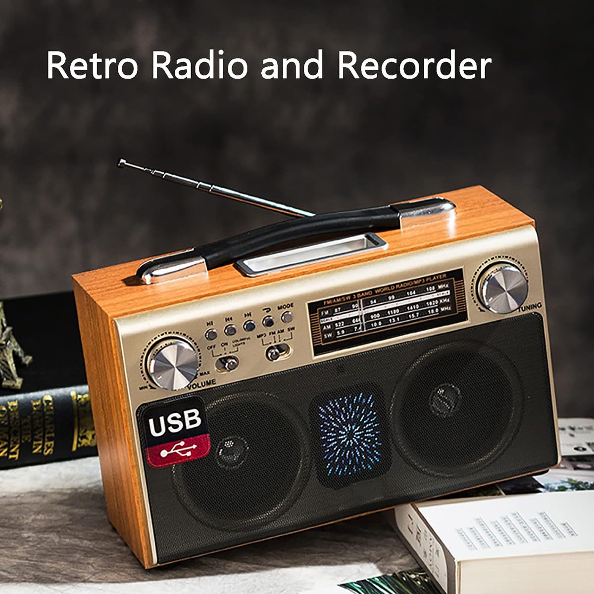 Radio Bluetooth, Radio FM, Radio Cassette Retro, Radio DSP, Reproducción Estéreo, Soporte para Tarjeta TF/Reproducción SD/USB, Estilo Retro Clásico, Recargable por USB