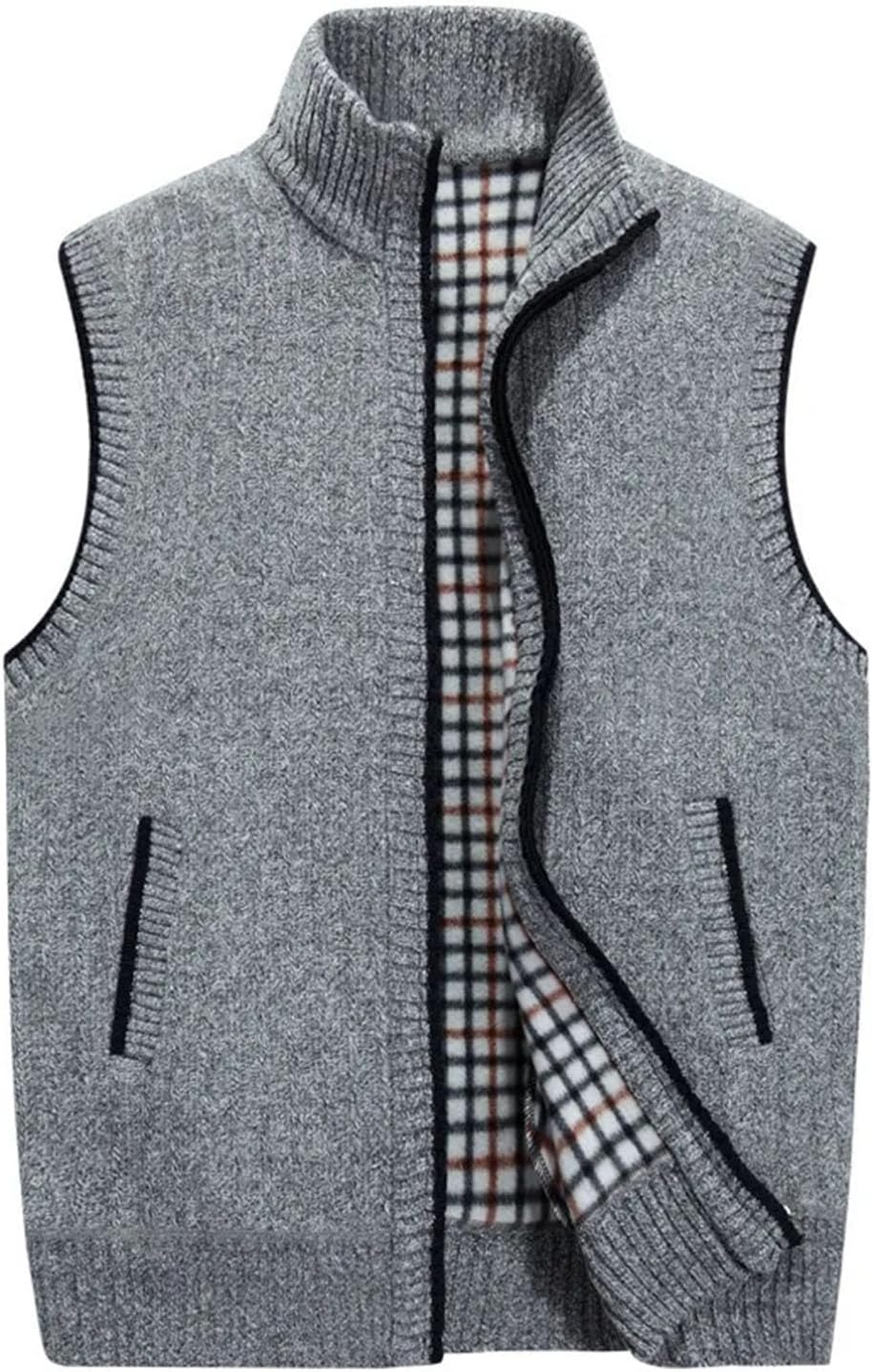 Men's Knitted Sweater Vest Stand-Up Collar Zinpper Cotton Soild Cardigans Sleeveless Top Casual Loose Golf Man Vest