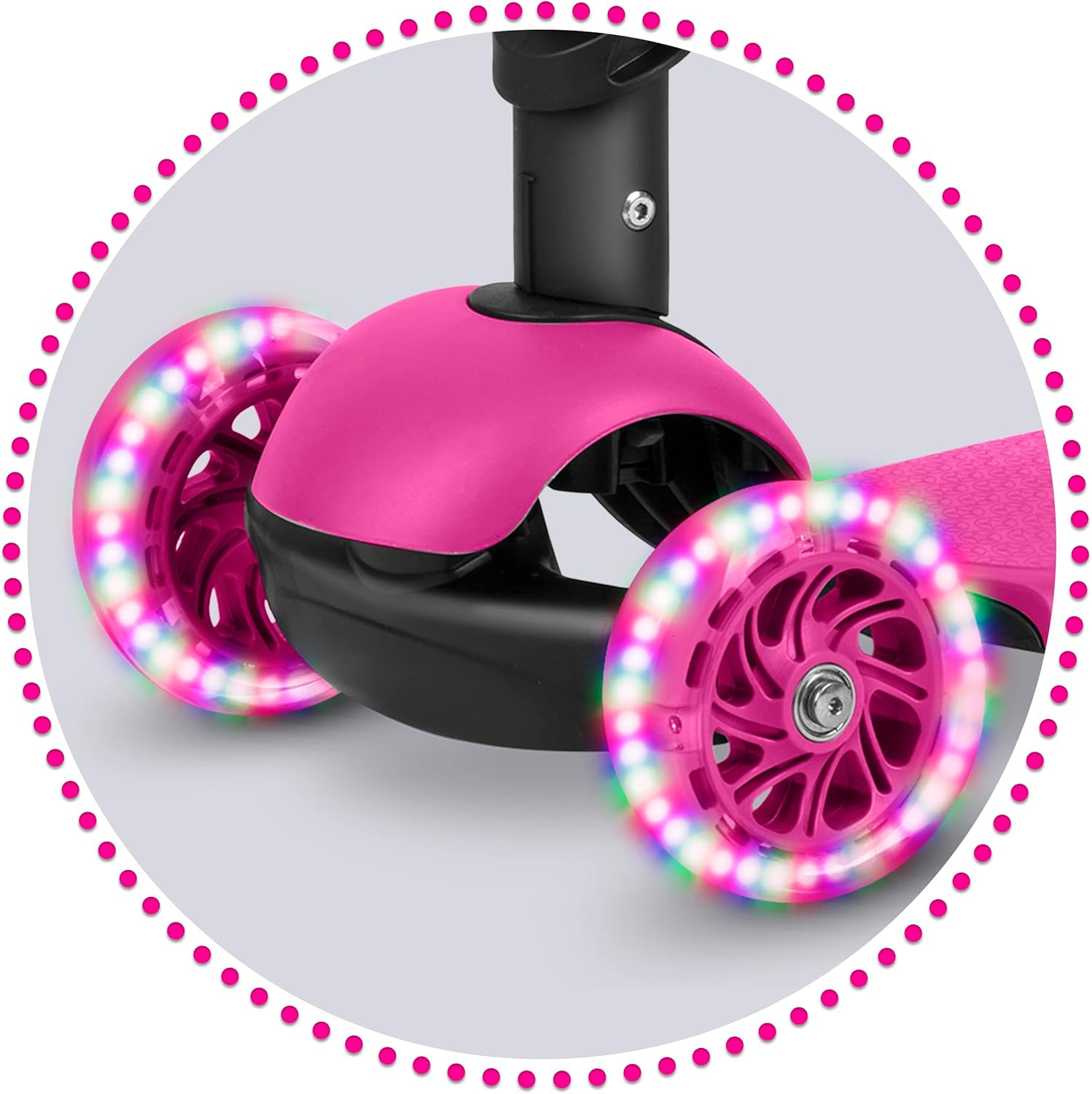 Close-up of the Ricokids Balance Scooter's front wheels with colorful LED lights illuminated.