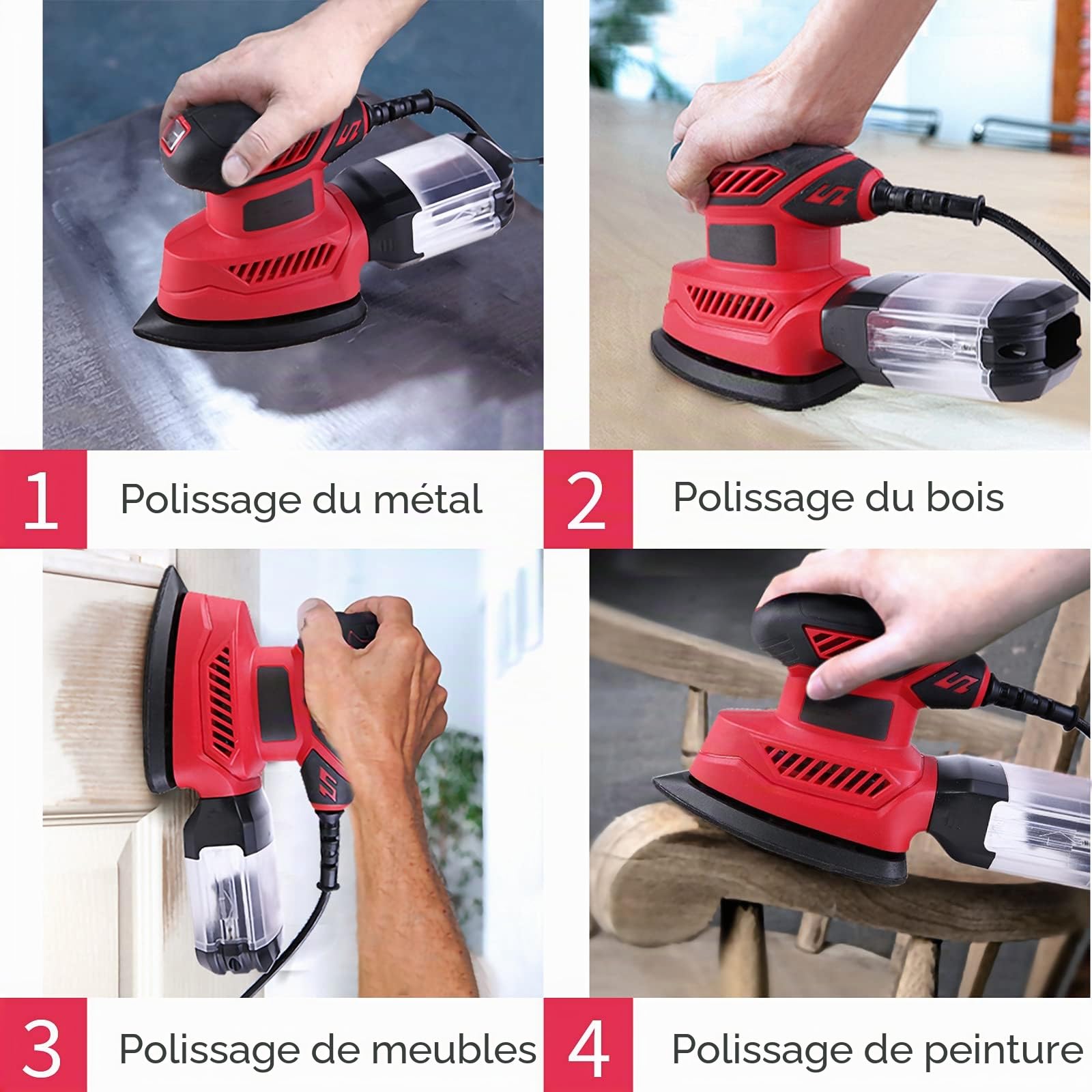 Ponceuse 130W 14000RPM Ponceuse Delta Avec 20 Papiers Abrasifs, 1 Boîte à Poussière, 1 Raccord Sous Vide, Pour Polir les Murs, le Bois, la Peinture, les Meubles, le Métal, le Ciment