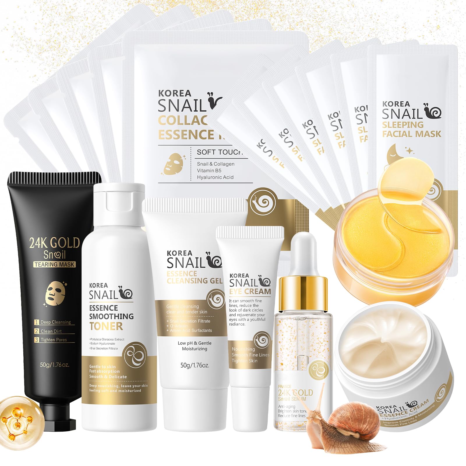 Snail Face Care Set 18 Pieces, Skincare Kit with Cleanser, Toner, Eye Cream, Serum, Cream, Peel-Off Mask, Face Masque, Sleep Mask and Eye Pads, Gift Set for Women Girls